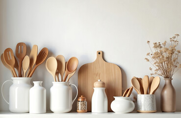 Wooden kitchen tools, cutting board neatly arranged on white shelf. Small jar of peppercorns, dried flowers add rustic charm to organised kitchenware display. Clean setup complements minimalist decor