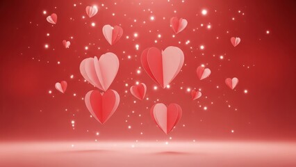 Artistic depiction of floating paper hearts against a vibrant red backdrop with sparkling effects