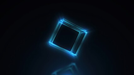 Glowing blue neon cube reflecting on dark surface