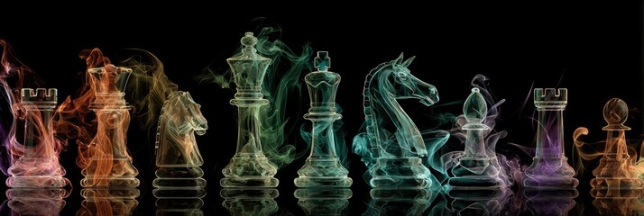 Chess pieces outlined by colorful smoke, black background