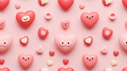 Soft pink background filled with repeating cartoon hearts, varying sizes and expressions