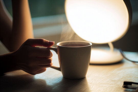 Hand Holding Steaming Cup near Daylight Lamp - SAD Therapy Wellness