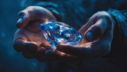 Hands hold large radiant gem, bathed in light