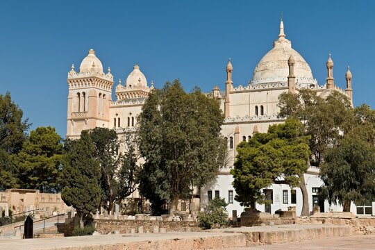 Cathedral of Saint Louis (Acropolium) and Punic Quarter Antique Museum on Byrsa Hill in Carthage city. Tunisia. Africa.
