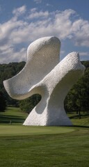 Large, abstract white sculpture in grassy field, sunny day