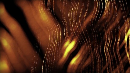 Golden glittering particles flowing liquid wave dark background