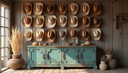 Collection of cowboy hats displayed on wooden wall. Vintage hats arranged above rustic cabinet with pottery. Western style decor, natural materials, indoor setting.