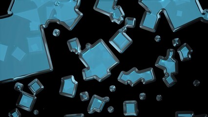 Abstract blue liquid metal shapes floating on black background