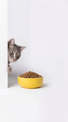 Cat peeking at yellow food bowl on white minimal background copy space 