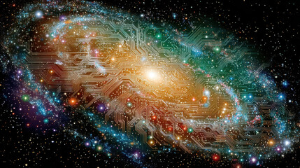 Conceptual illustration visualizing the simulation hypothesis, where cosmic space transforms into a giant computer motherboard, symbolizing the idea that reality may be an artificial construct driven 