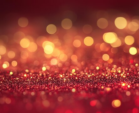 Abstract gold glitter lighs on red background for baner. Blurred bokeh. Backdrp for Christmas, New Year reeting cards, Valentines ay, Womens day, holiday orevent