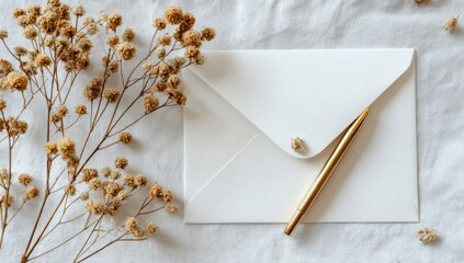 Letter, dried flowers, and pen on white