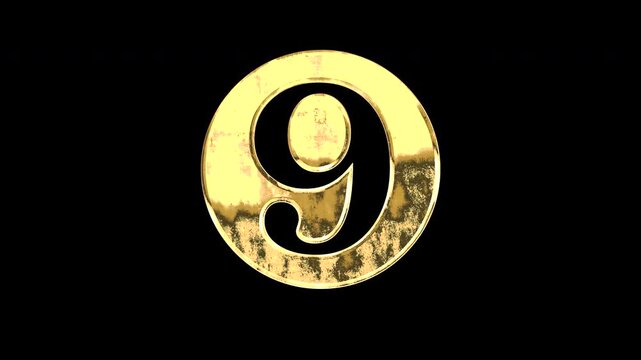 Golden number &ldquo;❾&rdquo;, reflecting light and shifting patterns, alpha channel