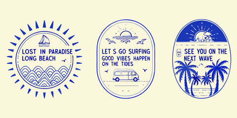 Vintage style beach emblems with sailing surfing and palm tree motifs © Bithi