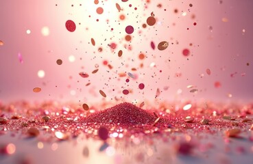 Pink and gold confetti falls across a glittery surface. Tiny sparkling particles scatter in air creating a festive abstract backdrop. Shiny dots fill frame with color.