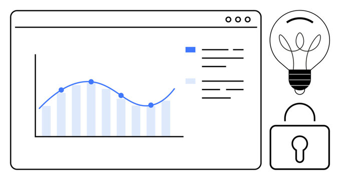 Data analysis, data security, innovation, statistics, business solutions, data-driven decisions. Graph with points, lightbulb and padlock icon. Data analysis and security