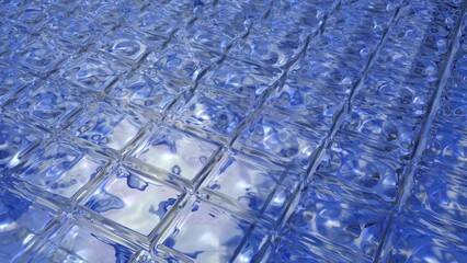Blue transparent glass tiles reflecting light ripples