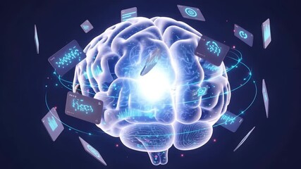 Futuristic brain with glowing neural network and floating digital interfaces showcasing A I Ai HD 4K video.
 - Powered by Adobe