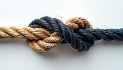 Two thick ropes, one tan, one dark blue, tied in strong knot. Intertwined closely, suggesting unity, connection. Texture of ropes visible, strength, resilience. Image partnership, problem solving,