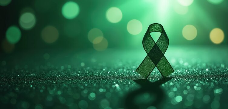 Green ribbon on glitter surface. Soft bokeh lights create luminous background. Symbolizes hope, health, and support for causes like cancer or environmentalism.