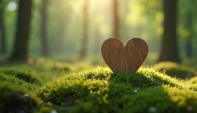 Wooden heart rests on mossy ground in sunlit forest clearing. Green nature background with soft light beams, peaceful woodland memorial scene. Eco burial concept.