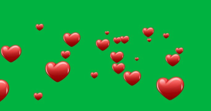 rising 3D hearts on green screen
