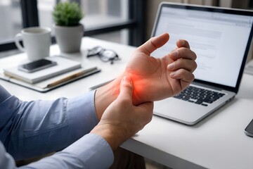 Man suffering from wrist pain while working at his office desk, symbolizing repetitive strain injury concept and modern health issues