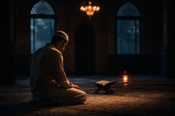 Devout Muslim man kneeling in prayer with open Quran in a serene, dimly lit mosque, representing faith and spirituality concept during Ramadan