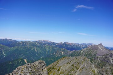 北アルプス　奥穂高岳から望む黒部源流の山々と槍ヶ岳　三俣蓮華岳　鷲羽岳　水晶岳　薬師岳　西鎌尾根
