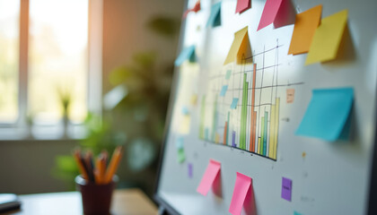 Whiteboard shows graph and colorful sticky notes. Planning and idea board with charts for business strategy. Teamwork and goal setting for project success.