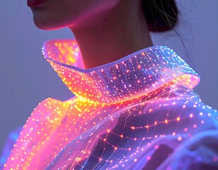 Glowing couture top, displaying neck and shoulder. High-tech, futuristic design