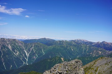 北アルプス　奥穂高岳から望む黒部源流の山々と槍ヶ岳　三俣蓮華岳　鷲羽岳　水晶岳　薬師岳　西鎌尾根