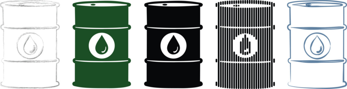 Set of oil barrel icons in various graphic styles showing industrial fuel storage containers with drop symbol