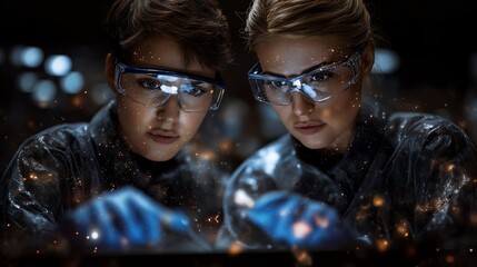 two focused scientists working on advanced electronic device