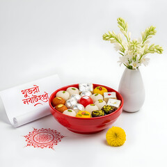 Vibrant diwali sweets and floral arrangement