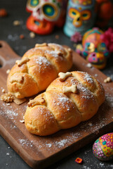 Traditional Dia de los Muertos pan de muerto and sugar skull