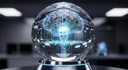 Crystal ball with glowing digital brain inside symbolizing artificial intelligence.