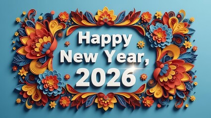 Colorful floral design with happy new year 2026 text on blue background for celebrations