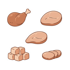 Vibrant cartoon vector illustration of assorted raw and prepared meat cuts. Features chicken, beef, and deli slices. Ideal for food graphics or grocery designs