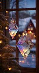Shiny crystal ornaments hanging in a winter window