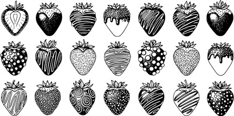 Black and White Line Art Hand-Drawn Decorative Strawberries Vector Set. Sweet Food, Dessert, and Culinary Illustrations with Unique Patterns and Chocolate Dip.