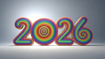 Colorful 3d rainbow numbers 2026 with spiral effect on gray background
