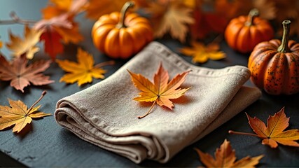 Autumn Table Setting with Napkin, Pumpkin and Fall Leaves