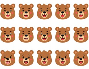 Cartoon bear faces with varying expressions in a grid pattern against a solid white background