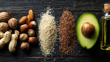 Nuts, seeds, and avocado half sit on a dark wood surface