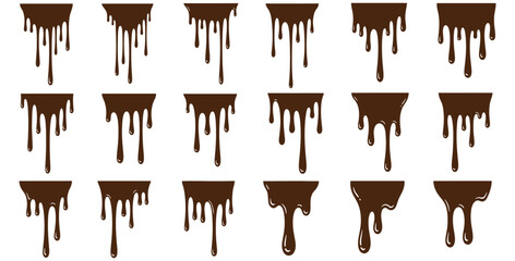 Collection of various dark brown chocolate drip icons showing liquid melting and flowing down in diverse artistic styles perfect for confectionery decoration or dessert branding elements