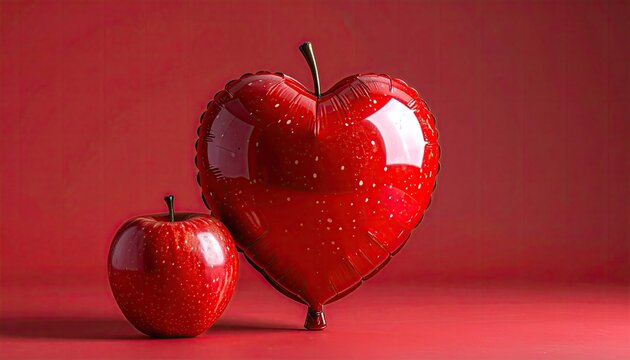 Red apple next to a heart-shaped balloon, against a red backdrop