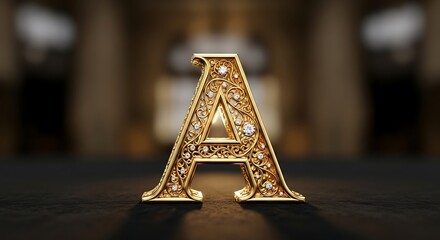 Elegant ornate golden letter A encrusted with diamonds, symbolizing luxury and heritage.