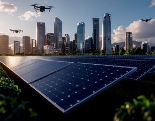 Modern sustainable city in 2026 with large solar panel farm and delivery drones flying over futuristic skyscrapers.