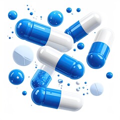 Floating blue and white capsules and pills on a white background